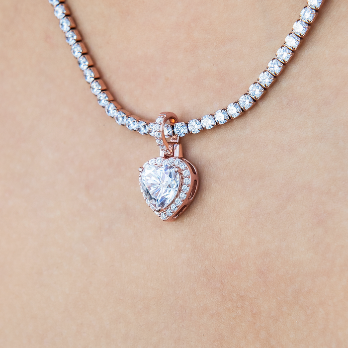 Women's Moissanite Micro Iced Heart Pendant in Rose Gold Vermeil