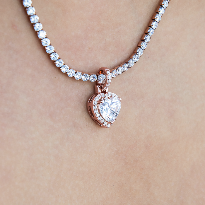 Women's Moissanite Micro Iced Heart Pendant in Rose Gold Vermeil