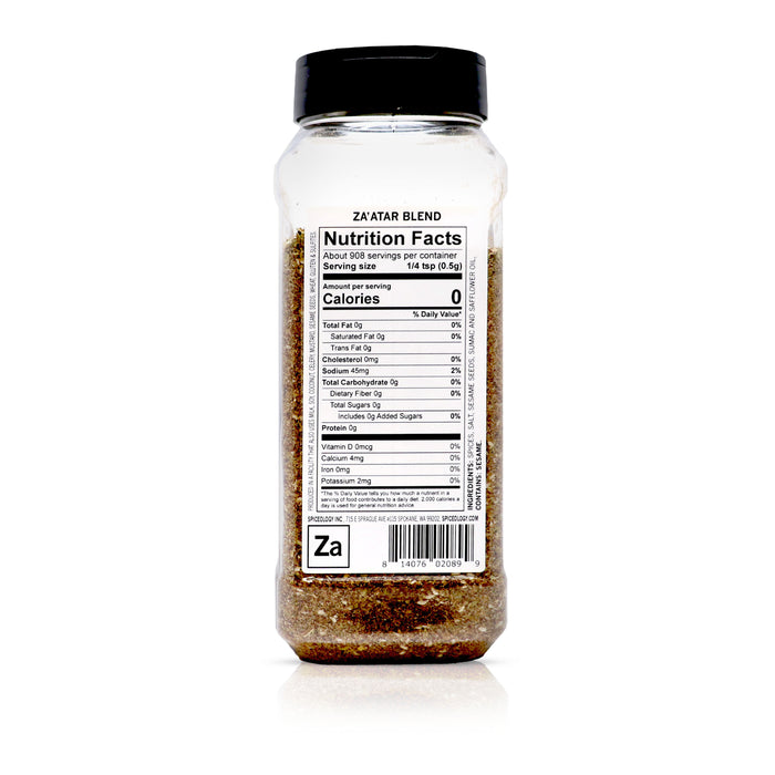 Back view of Spiceology Za’atar blend nutrition facts and ingredient information.